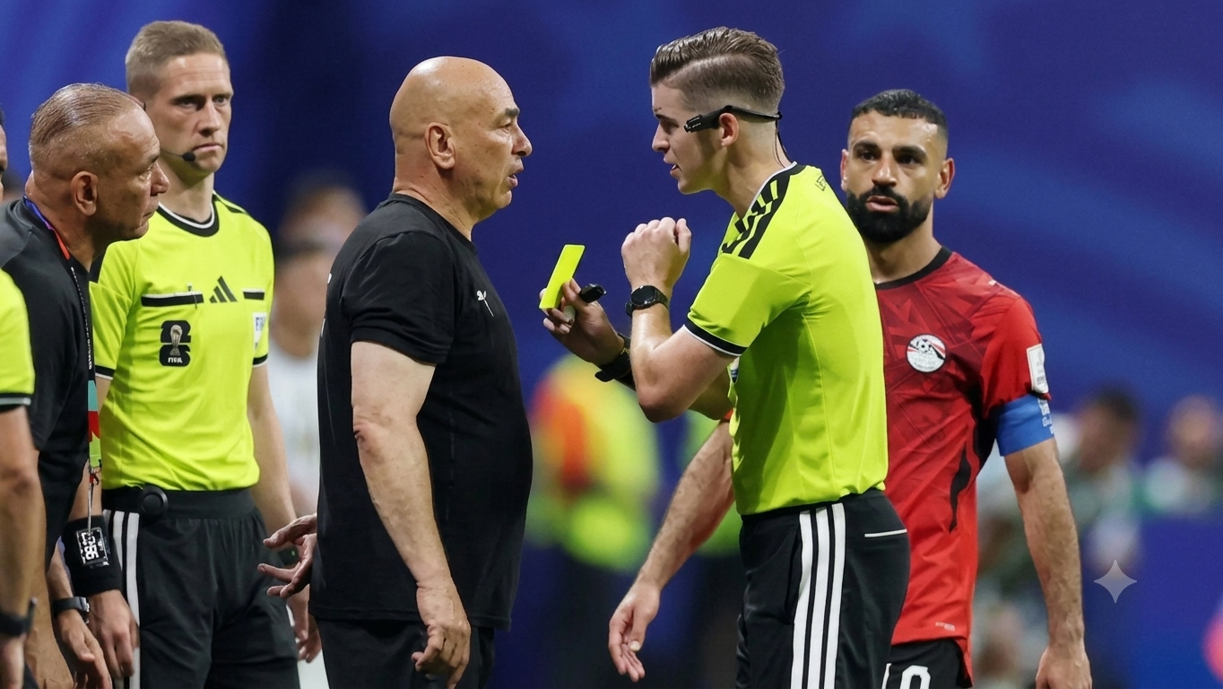 حسام حسن المدير الفني لمنتخب مصر و فرانسوا ليتيكسييه الحكم الفرنسي